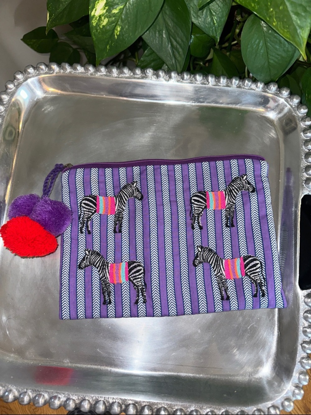 Purple Zebra Stripe Cosmetic Pouch with Colorful Pom-Pom Trim NWOT